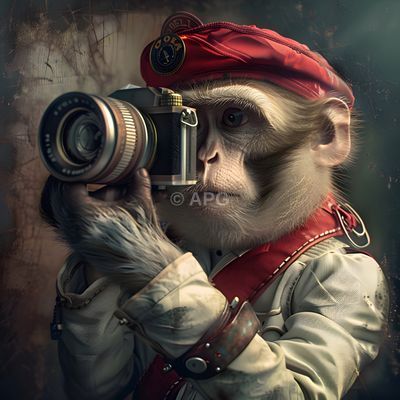 Der Affen-Fotograf mit rotem Barett und Vintage-Kamera